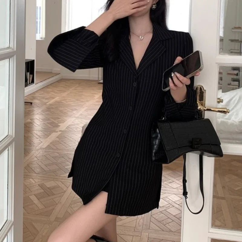 Mid-length Shirts Women Long Sleeve Striped Defined Waist Streetwear Korean Fashion All-match Classy Ins Chic Spring Female Tops