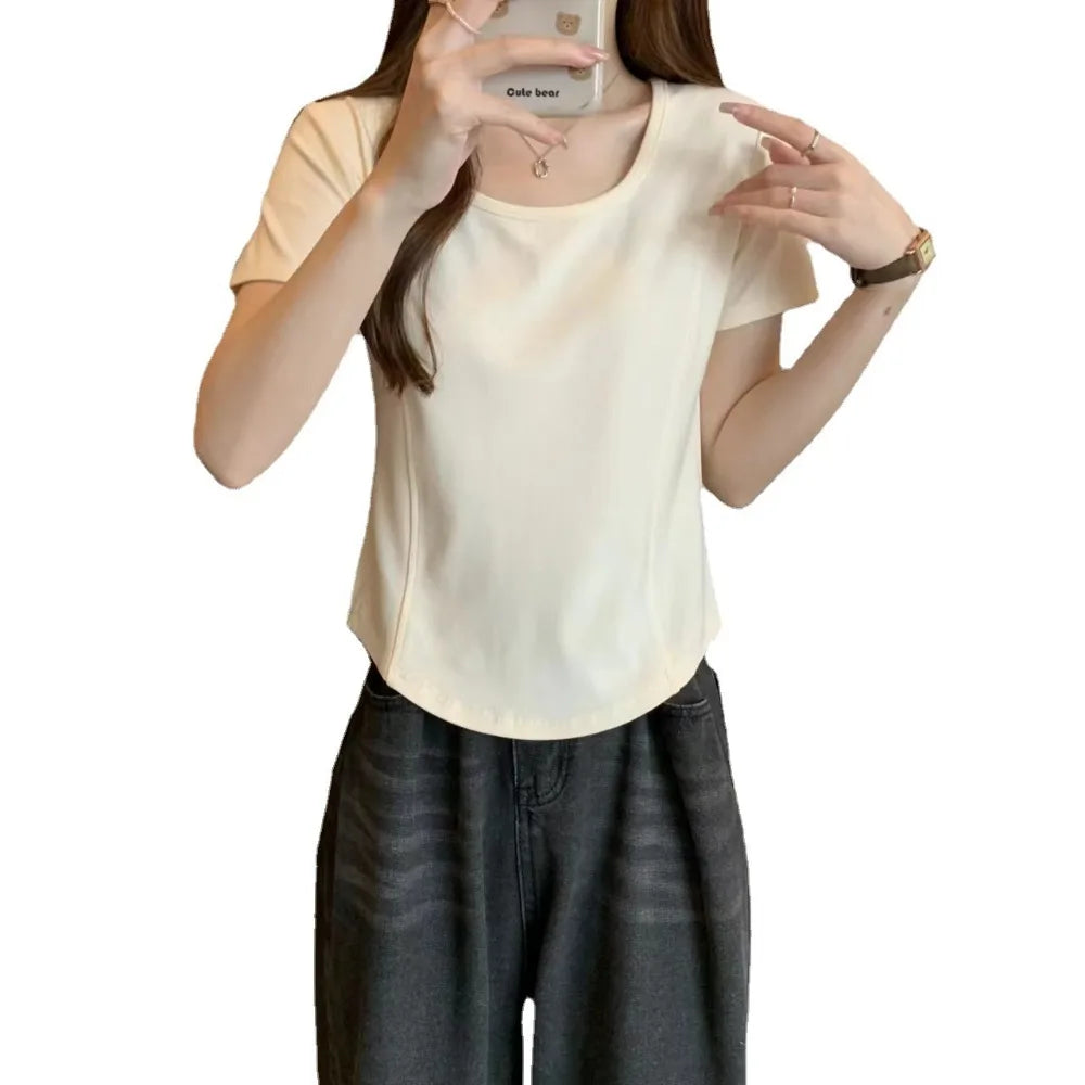 Square Neck Fishbone Short Sleeve T-Shirt Women's Korean 2024 Summer Slim Fit Short Style Hot Girl Collarbone Right Shoulder Top