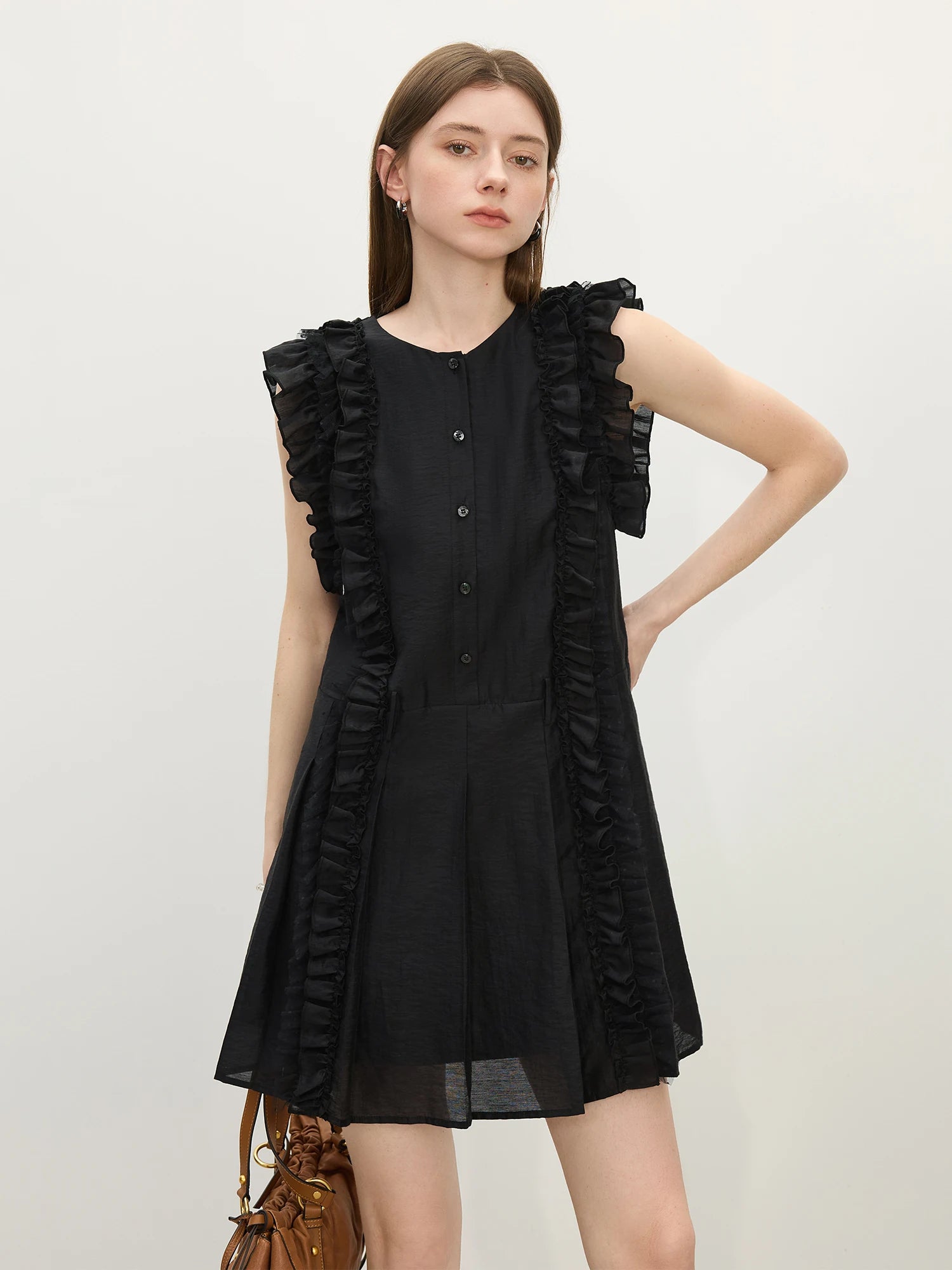 FSLE 2025 Summer Women's Linen Pleated Dress - Intricate Embroidery & Romantic Ruffle Trim Casual Dresses