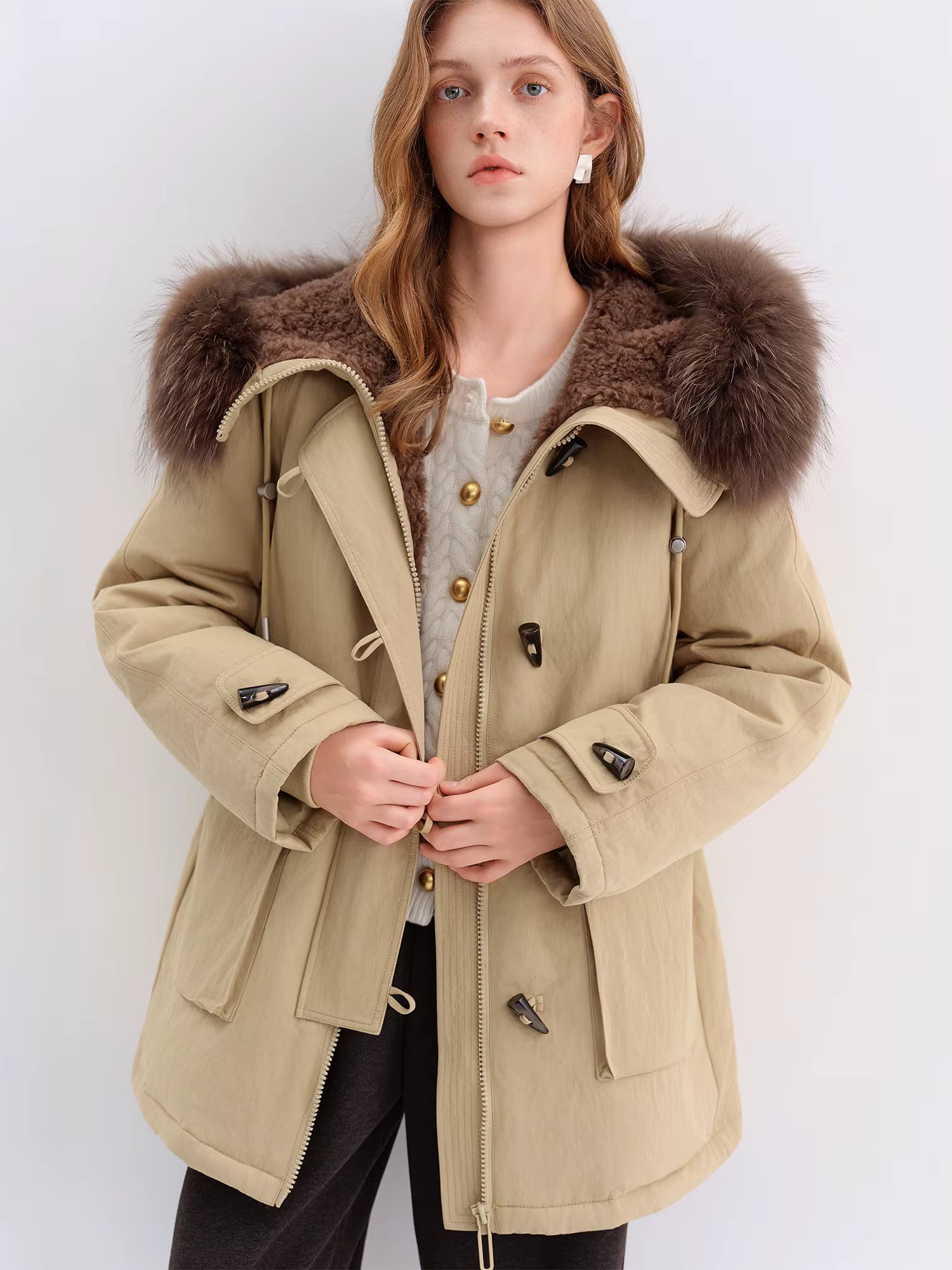 Raccoon Dog Fur-Lined Collar Parka Mid-Length Down Jacket for Women Winter 2025 New Arrival Keep Warm Khaki Down Coat
