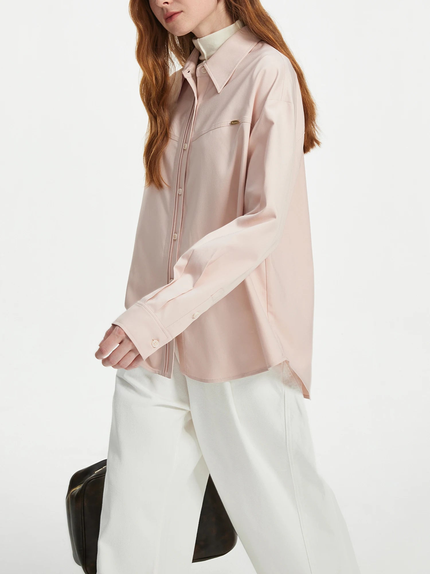 FSLE Women Long Sleeve Blouse 2024 Winter Thick Twill Female Drop Sleeve Shirts Polo Neck Pink Single Breasted Shirt 24FS14417