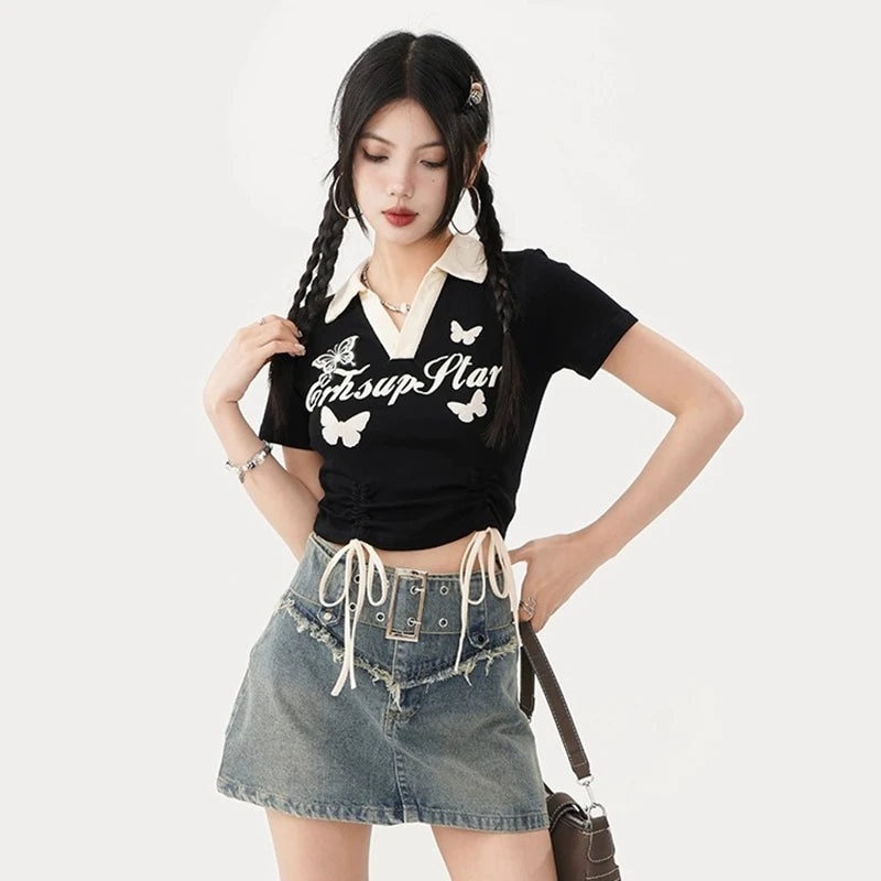 Women Versatile V-Neck Y2k Clothes Lady Korean Vintage Leisure Short Sleeved T-shirts Female Drawstring Tie Up Graphic Tops