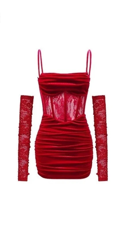 Spaghetti Strap Lace Corset Maxi Sheath Dress + Arm Sleeves