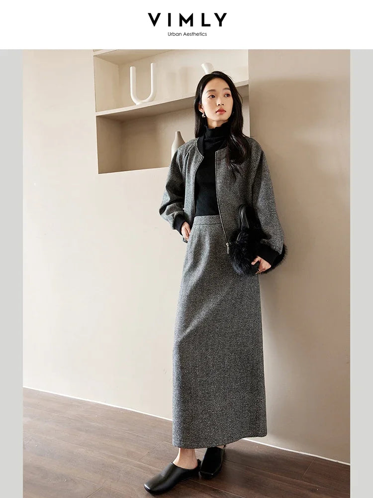 VIMLY Women's Simple Solid Tweed 2Piece Set Autumn Winter Office Lady Outfits Cardigan Short Jacket Straight-cut Slit Skirt Sets