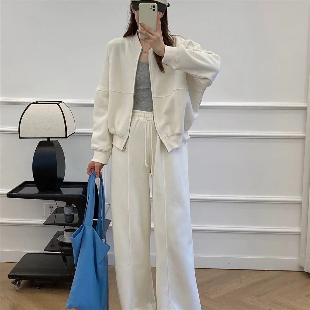 UNIZERA 2023 Winter New Product Women's Fashion and Casual Versatile Loose Zipper Jacket Coat Plush Slow Running Pants Set