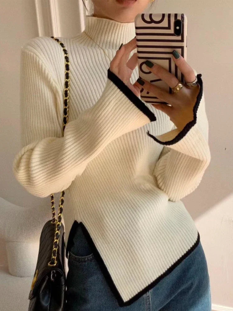 QWEEK 2024 Autumn Elegant Sweater Women Korean Old Money Style Slim Contrast Color Jumper Autumn Winter Casual Knitwear Tops