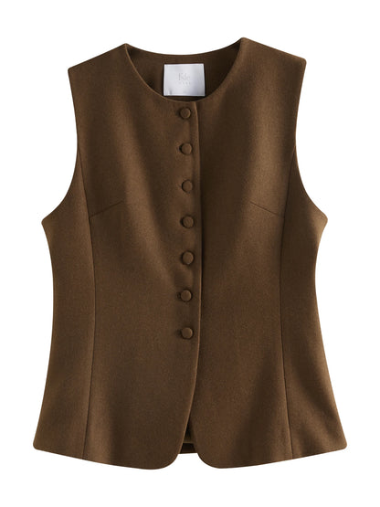 FSLE Women Wool Vest Winter Brown Short Sleeveless Knitted Tops 57.2% Wool Round Neck Commuter Simple Vests Coats 24FS14474