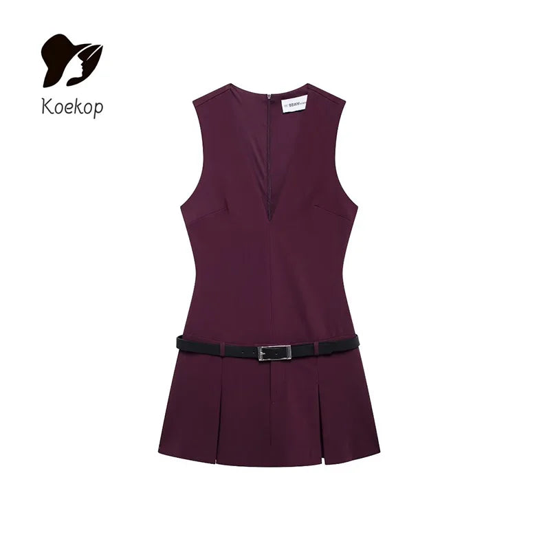Koekop Women's Fashion Solid Color Belt Decoration Short Dress V Neck Vintage Sleeveless Women's Chic Lady Dresses