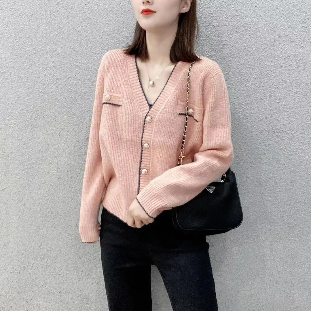 Women's Sweater Winter Button Blue V-neck Knit Tops for Woman Cardigan Red New Knitwear Y2k Vintage in Promotion Korean Style