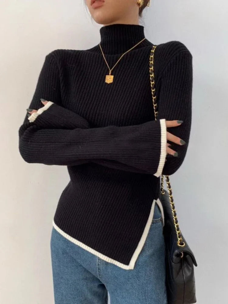 QWEEK 2024 Autumn Elegant Sweater Women Korean Old Money Style Slim Contrast Color Jumper Autumn Winter Casual Knitwear Tops