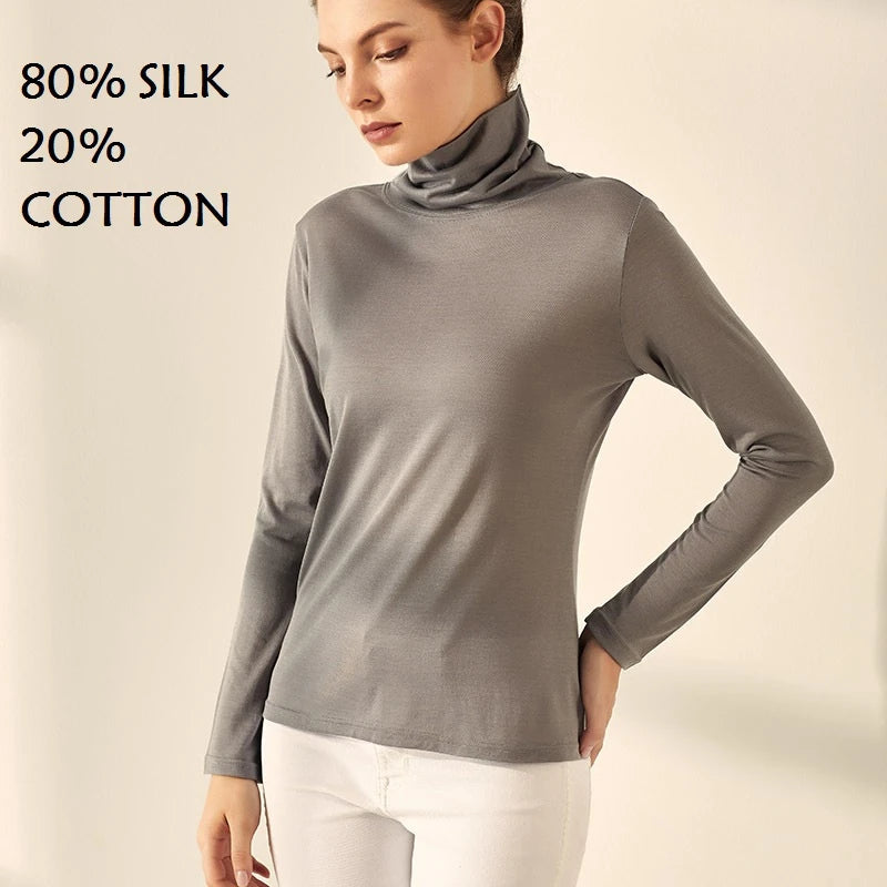 80% silk turtleneck womens tops fall fashion for women top long sleeve clothes tops turtle neck clothing woman black knit white o