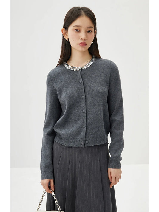 ZIQIAO Office Lady Sequin Gray Knitted Cardigan For Women's Spring 2024 New Commute Gray Style Women Top 24ZQ91118