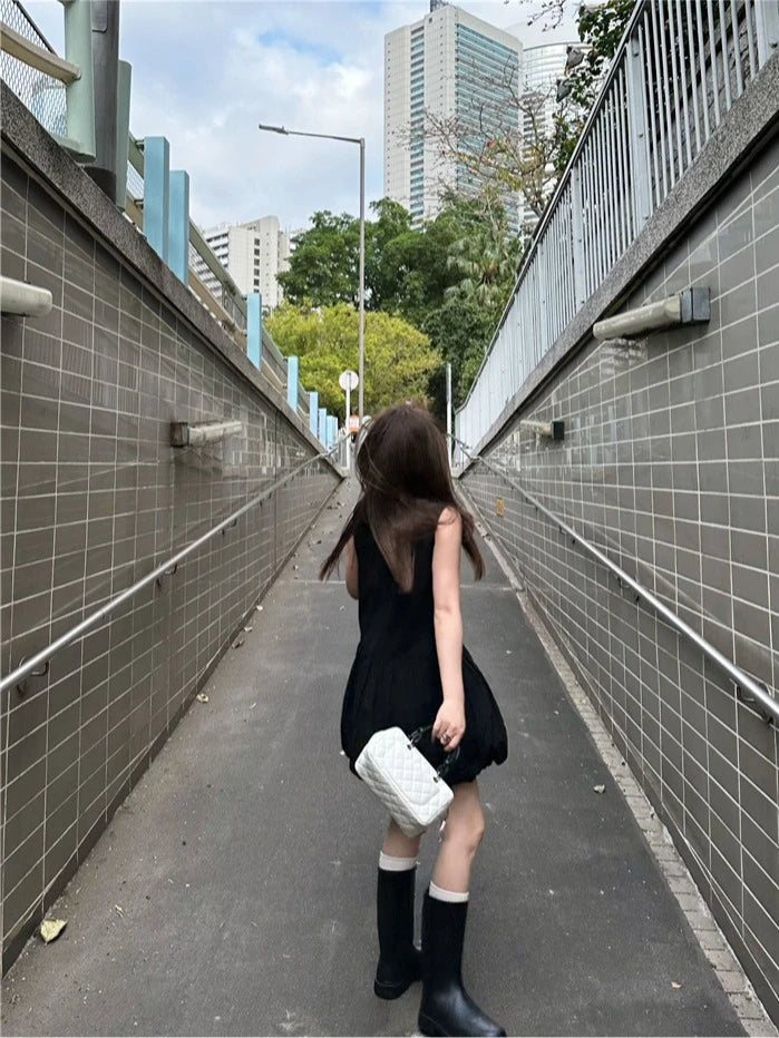 Kpop Korean Minimalist Style Solid Color A-line Fluffy Sleeveless Black Dress Summer Round Neck Loose Ruffle Short Dresses for Women