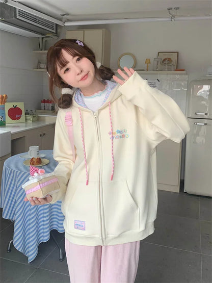 QWEEK Korean Style Cute Zip Up Hoodie Women Y2K Girly Kawaii Hooded Jacket Oversize Japanese Harajuku Sweet Embroidery Outerwear