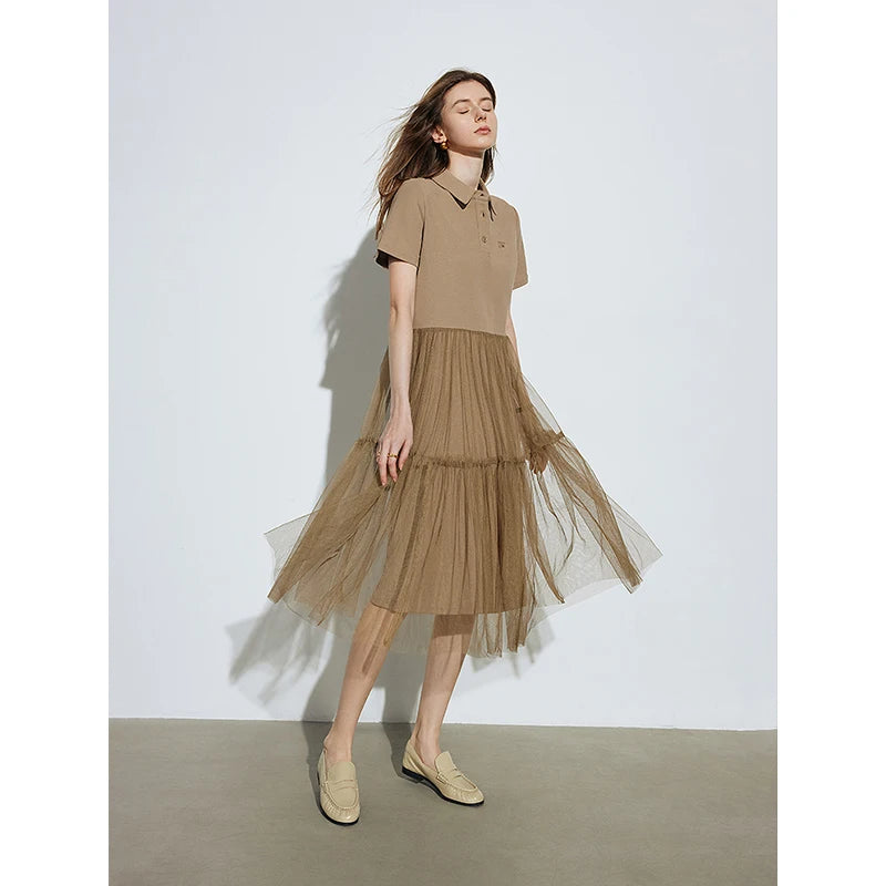 TOYOUTH Women Dresss 2024 Summer New POLO Collar Loose Fitting Mesh Patchwork Skirt