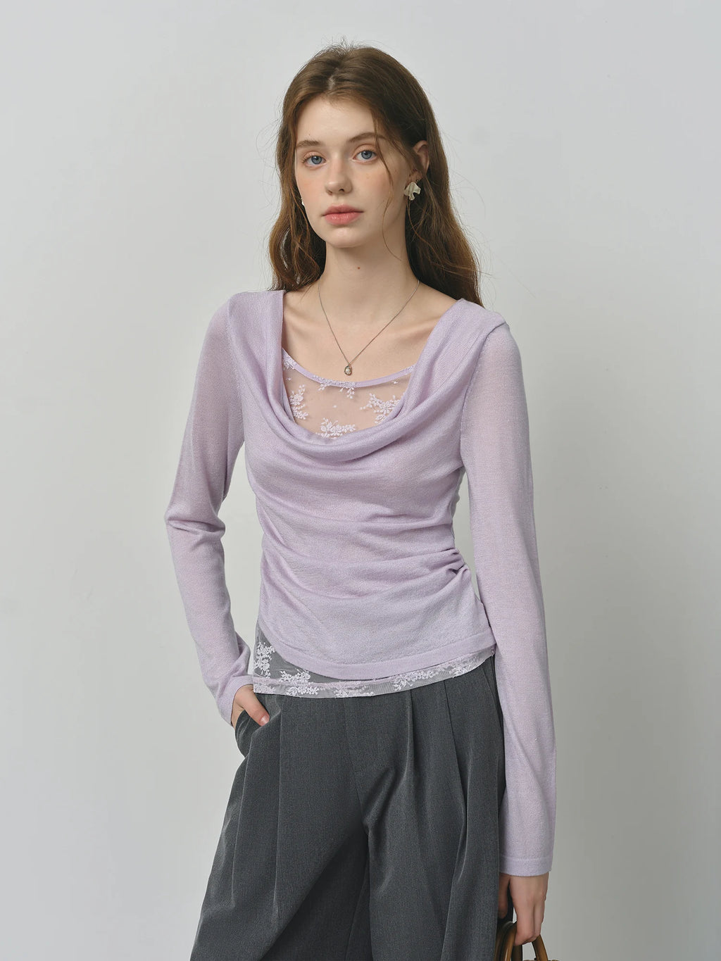 FSLE Purple Swing Collar Mesh Knit Sweater Women 2025 Autumn New Thin Slightly Transparent Long Sleeve Top