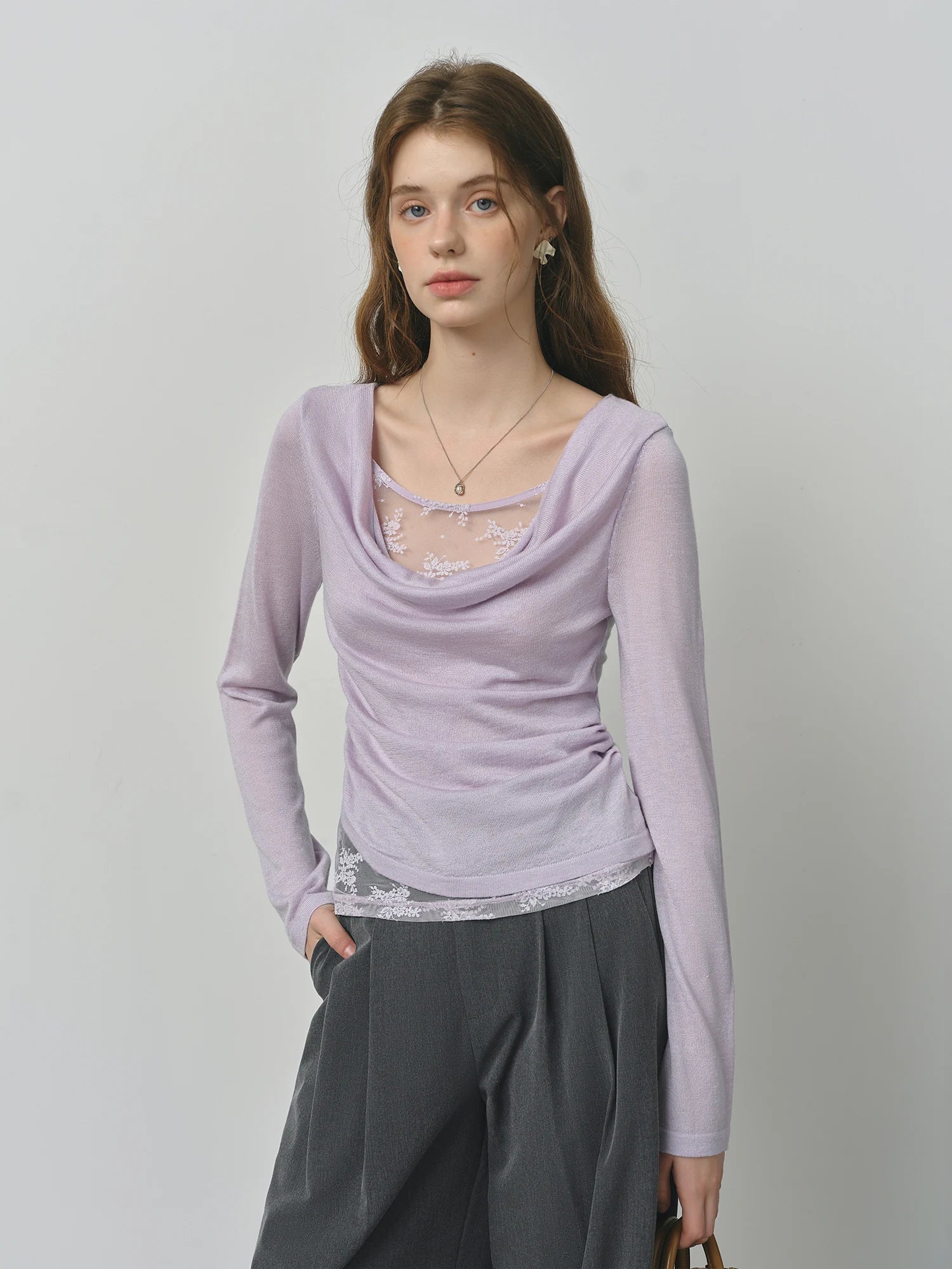 FSLE Purple Swing Collar Mesh Knit Sweater Women 2025 Autumn New Thin Slightly Transparent Long Sleeve Top