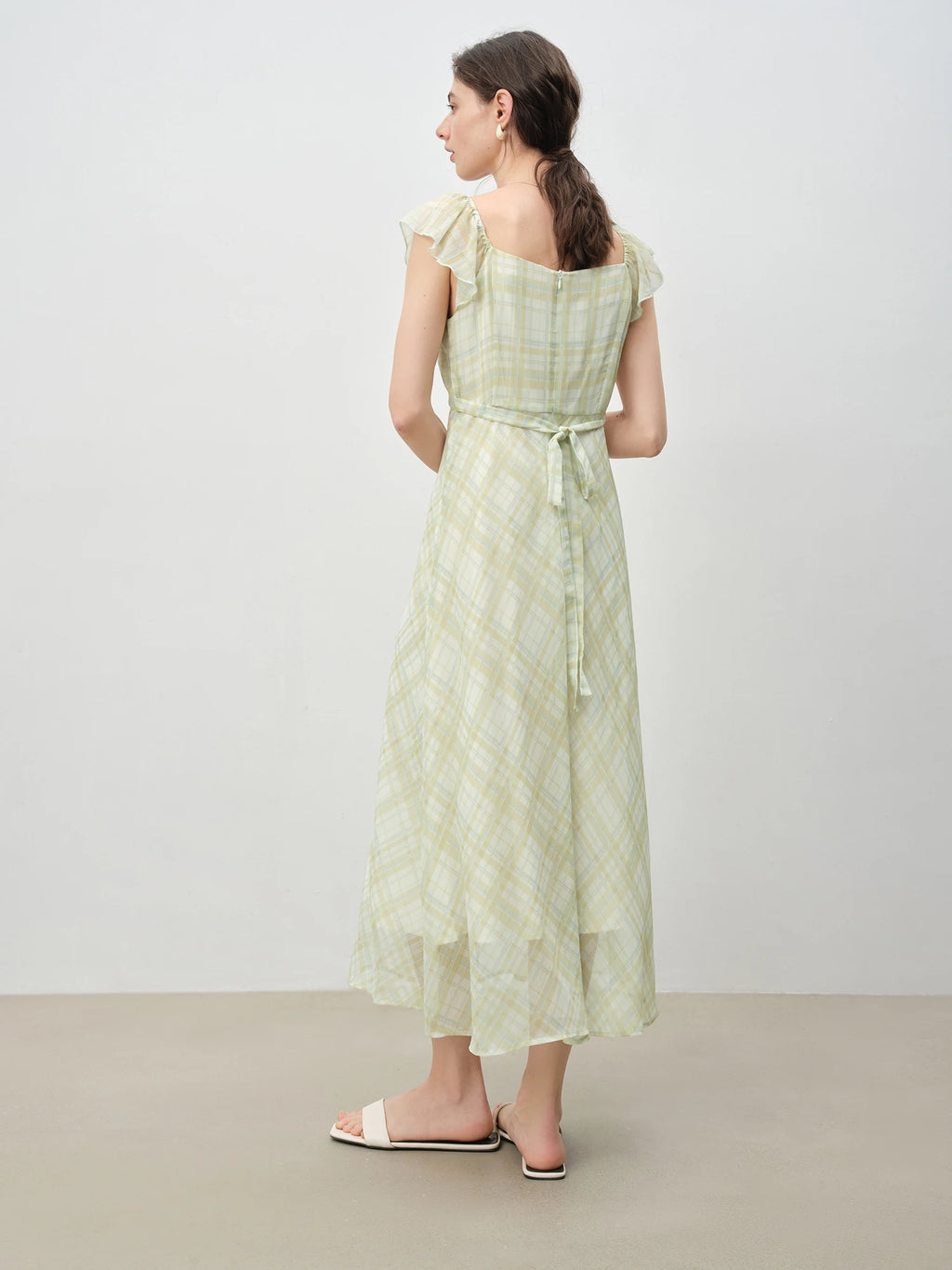 ZIQIAO Petite Red Gingham Chiffon Maxi Dress 2025 Summer Waist-Defining Tropical Resort Day-to-Night Elegance Dress