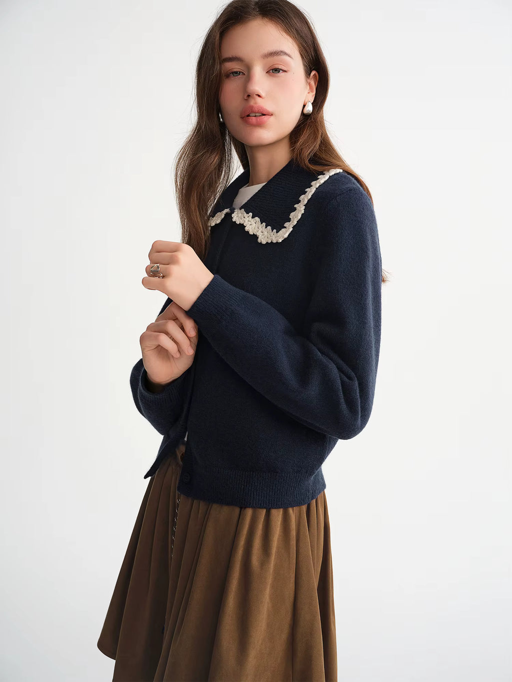 Women's Fashion Embroidery Hook Flower Knit Cardigan with Sweet Lace Edges Turned-Up Collar Flattering Sweater Cardigan