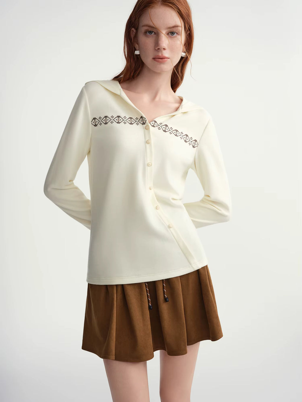 Plus-Size Women's Soft Warm Touch Slanted Collar Embroidered Top with Attached Hood Winter 2025 New Arrival Long Sleeve