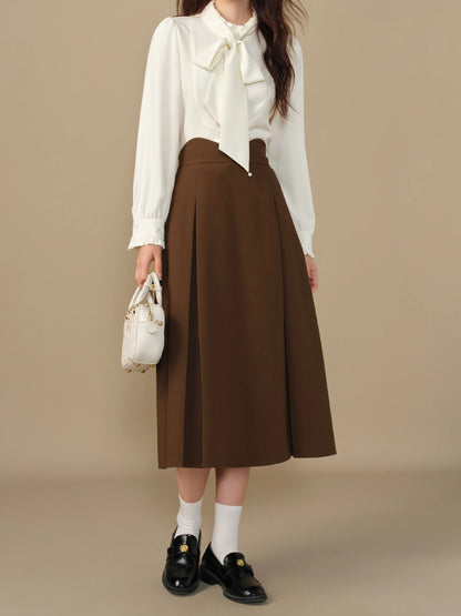 DUSHU Women Long A-LINE Skirts Side Zipper Waist Winter Black Pleated Design Female Skirt Office Lady Brown Bottoms 24DS84313