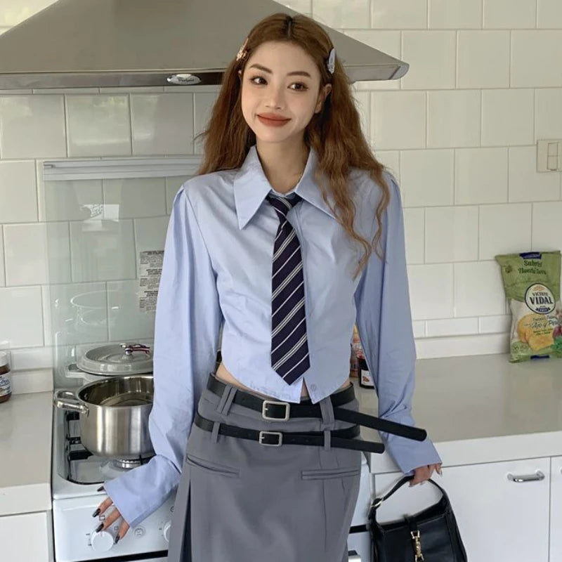 MEXZT Preppy White Crop Shirts Women Korean Fashion Jk Tie Long Sleeve Blouse Student College Retro Solid Slim All Match Tops