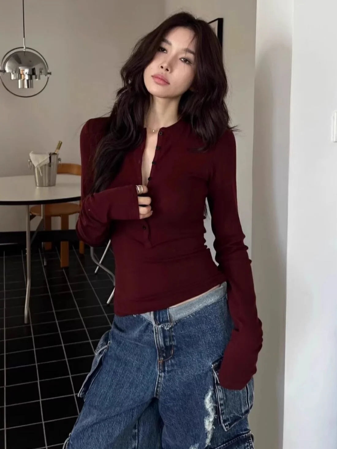 Buttons Women's Long Sleeve T-shirt Sexy Coquette Clothes Autumn Winter Top Female Red Kpop Harajuku Fashion Japanese Vintage