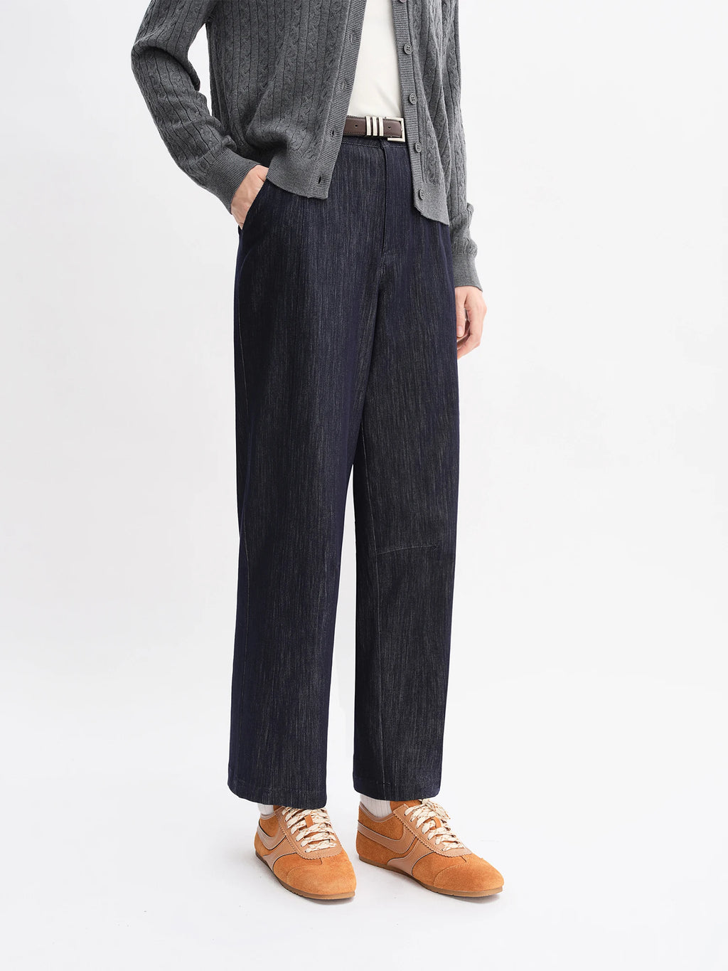 DUSHU Autumn 2025 Women's Vintage Wide Leg Jeans - Curve Flattering High Waist Stretch Denim Pants Arc Hem Casual Comfort Fit