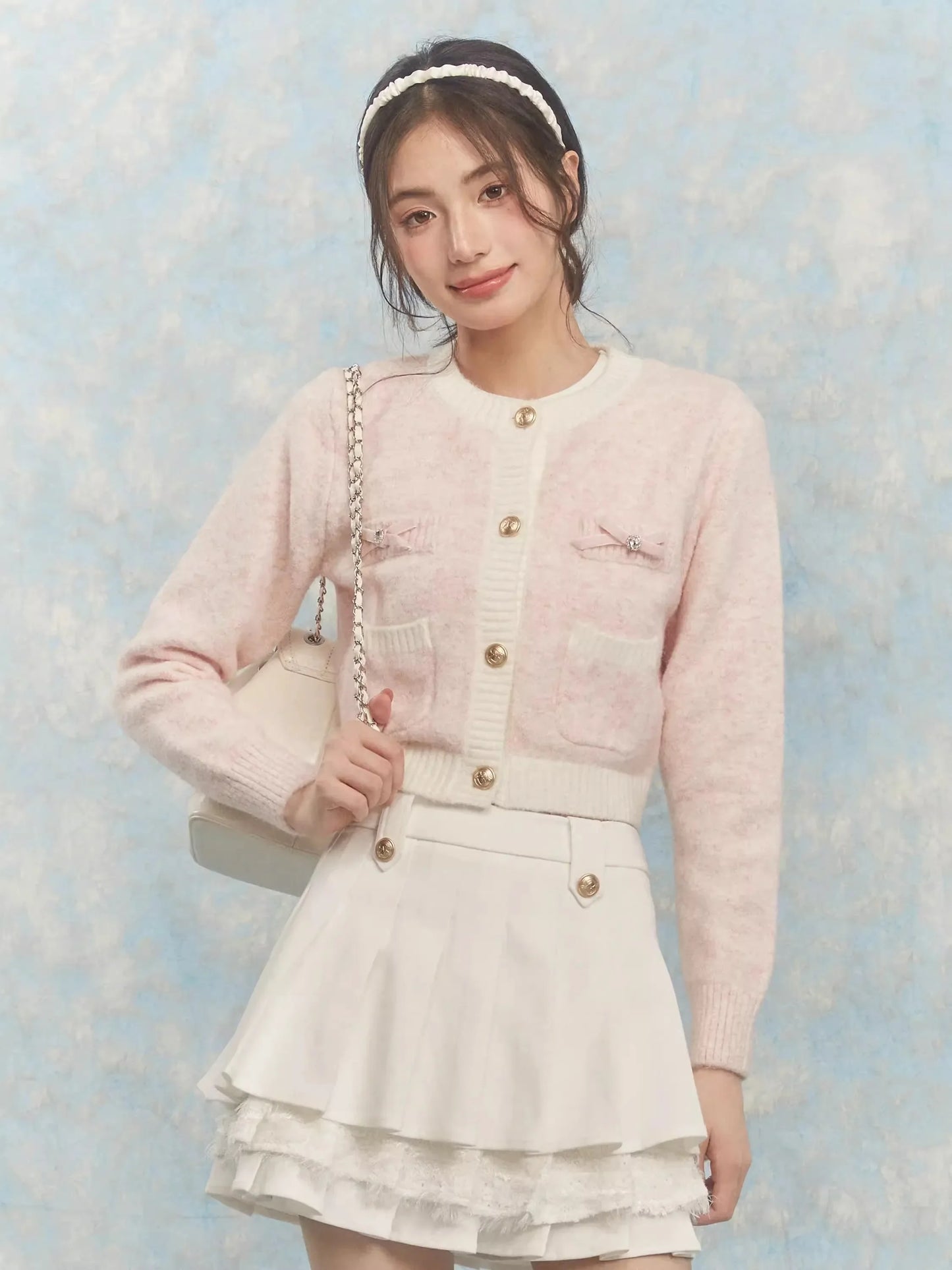 Deeptown Korean Fashion Pink Cropped Cardigan Women Kpop Sweet Girl Knitted Sweater Bow Coquette Aesthetic Long Sleeve Tops New