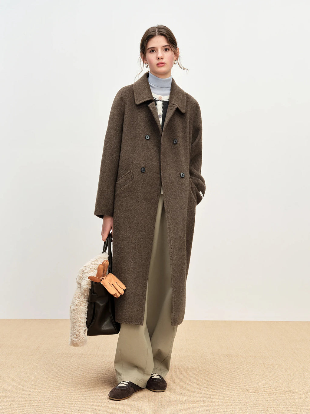 FSLE 2025 Women's Yak Wool Blend Coat - Peter Pan Collar Double Breasted Winter Trench with Flattering Silhouette Office Elegant