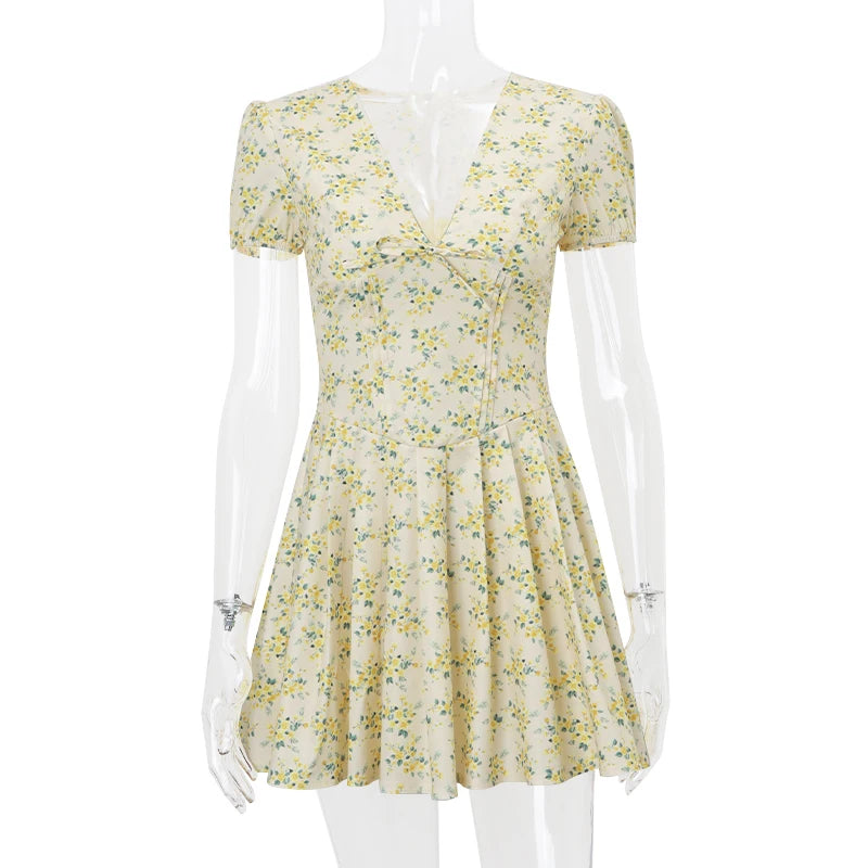 Candyhot Elegant Retro Print Y2K Casual Dress Summer Short sleeved V-neck Evening Dress High Street Club Ruffled Aesthetic Dress