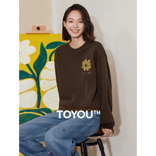 TOYOUTH Women Hoodies Sweatshirt 2024 Autumn Winter New Plush Flower Embroidery Round Neck Off Shoulder Long Sleeve Pullover Top