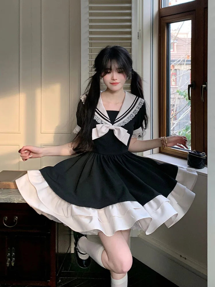 Black Dress Women Bow Japanese Cute Lolita Dress Women Sweet lace Puff Sleeve Student Dresses Party Sailor Collar Kawaii Dress