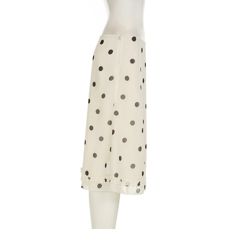 Vintage Polka Dot Bias Midi Skirt with Ruffle Hem