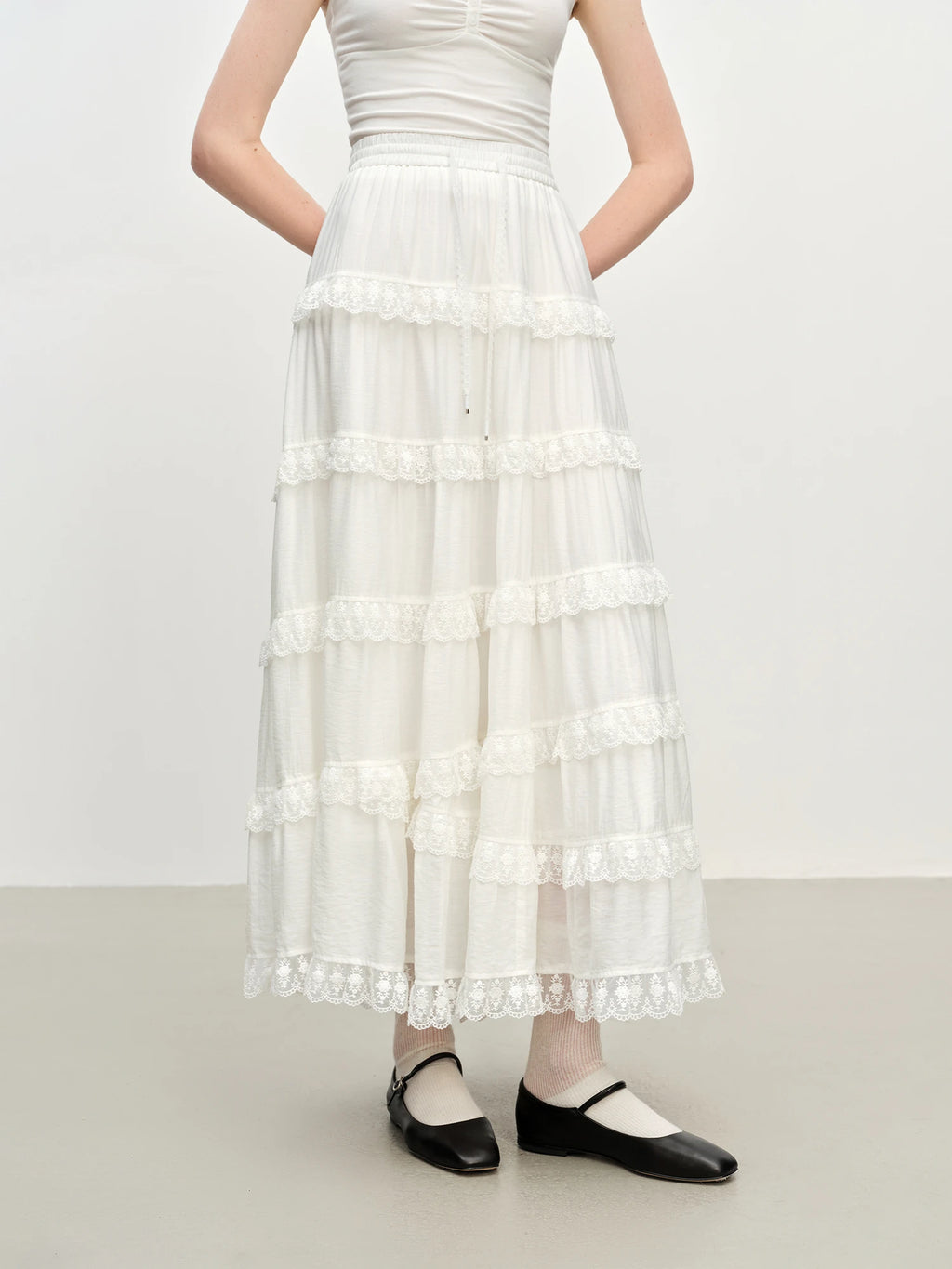 FSLE Winter 2025 Women's Embroidered Lace A-Line Tiered Skirt - Heavy Craft French Style Slimming Midi Dress for Office Casual