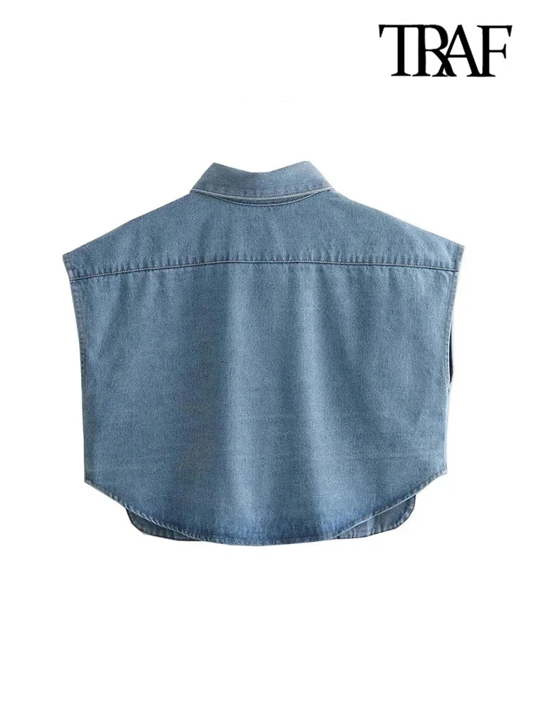 TRAF Women Fashion With Pockets Cropped Denim Shirts Sexy Sleeveless Button-up Female Blouses Blusas Chic Tops