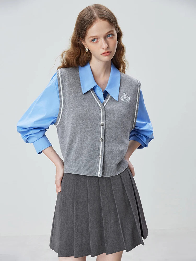 FSLE Simple Style All-match Gray Knitted Cardigan Coat Vests for Women Autumn Clothing 2023 New Vest Two-piece Suit Female