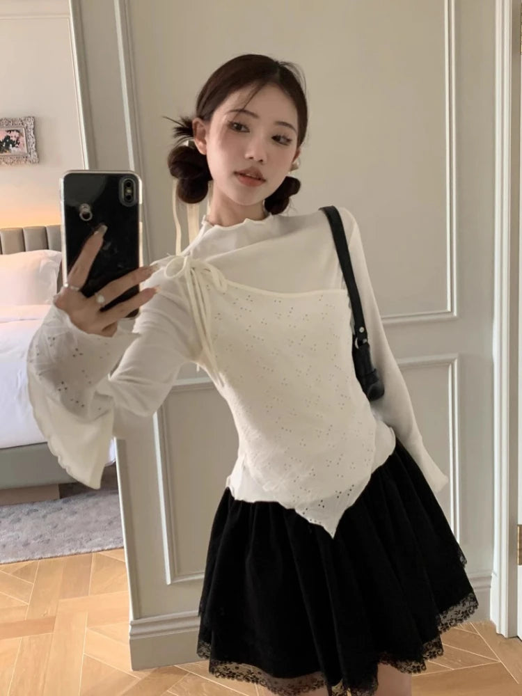 Korobov Fake Two Pieces Long-sleeved T-shirt Women Base Tops Design Early Spring New Y2k Tees Korean Fashion Ropa De Mujer