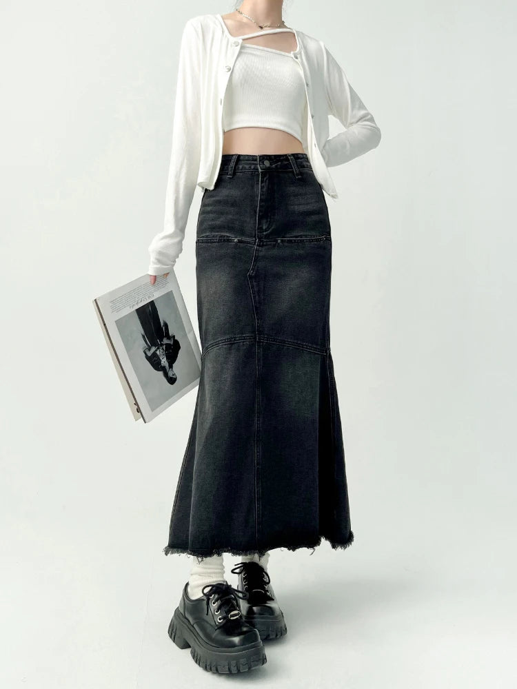 Denim Skirts Women Temperament Girlish Daily Fashion Package Hips Korean Style Elegant Simple Raw Edge Comfortable Tender Sweet