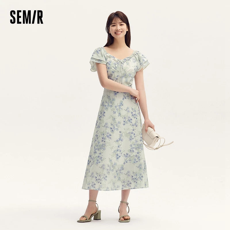 Semir Dress Women Square Neckline Ruffled Trim And Short Flutter Sleeve 2024 Summer New Fresh And Delicate Chiffon Floral Dress