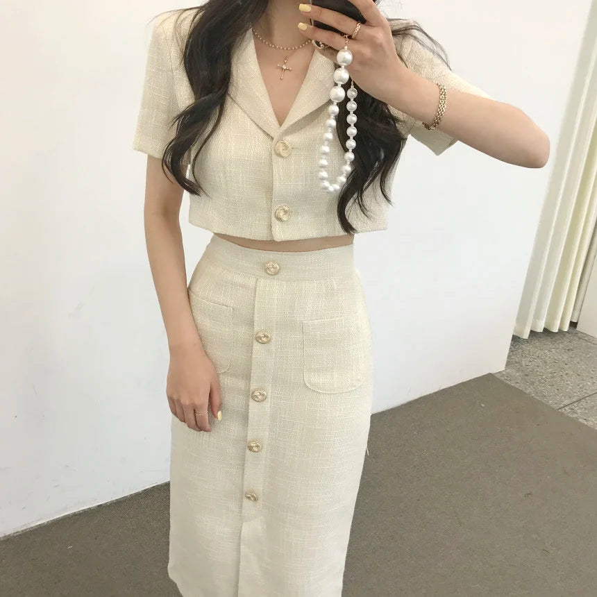 Fashion Korea Elegant Lapel Thin Tweed Small Suit Short Jacket + High Waist Chic Button Slim Womens Two Piece Skirt Sets Summer