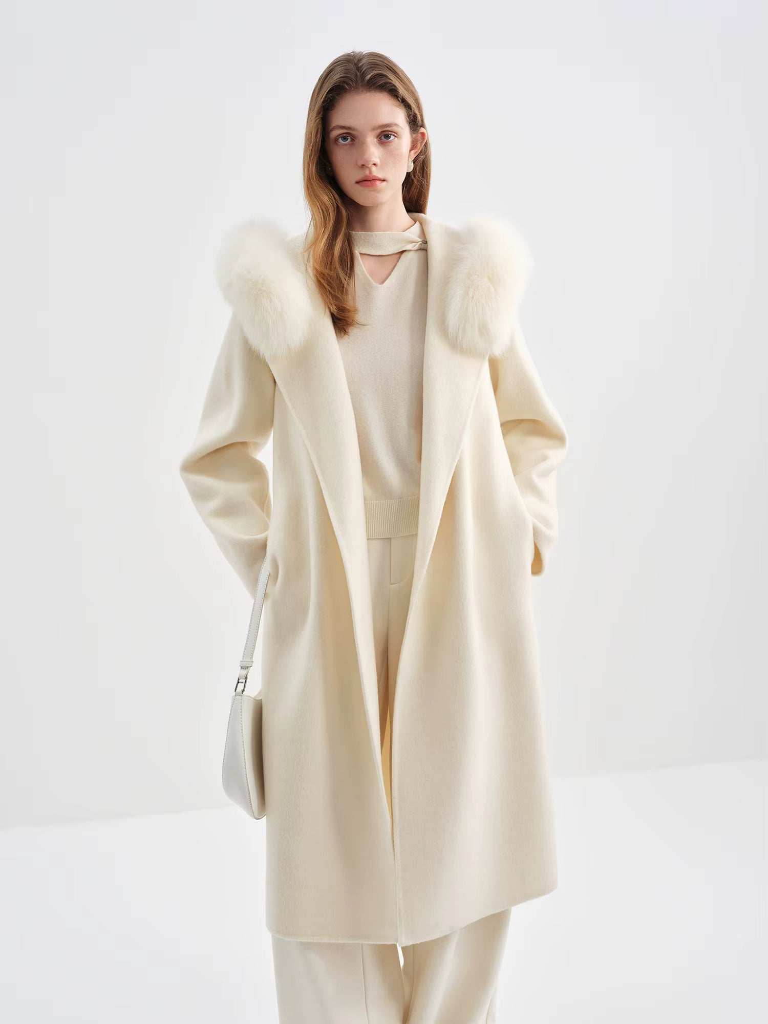 2025 Winter Women's Fox Fur Hooded Double Faced Wool Coat Long Plush Outerwear Vintage Elegant Warm Wool Coat Soft Coat