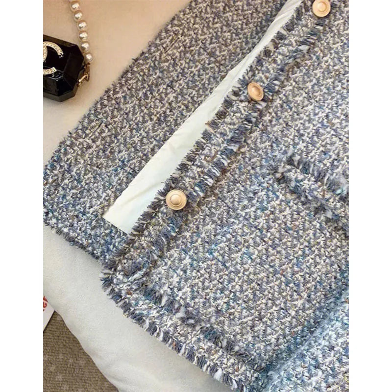 Spring Autumn New Chic Tweed Jacket Women's Outwear Korean Drama Wears Loose Single-Breasted Sweet Woolen Coat Tops