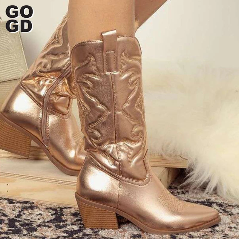 GOGD Cowboy Pink Cowgirl Boots For Women 2022Fashion Zip Embroidered Pointed Toe Chunky Heel Mid Calf Western Boots Shinny Shoes