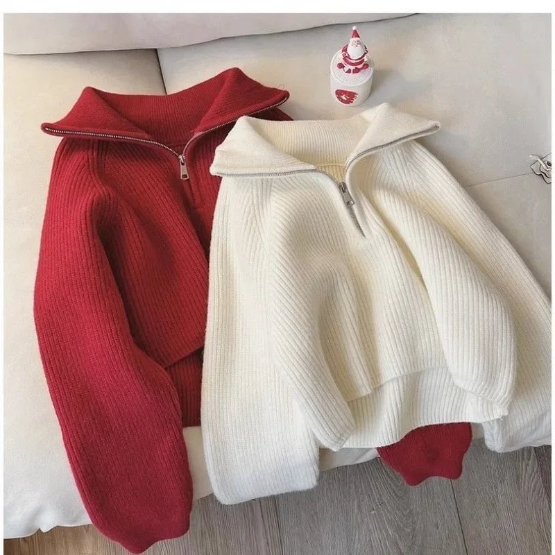 Thickened Knit 2024 New Sensibility Zipper Up Loose Fit Slimming Lapel Sweater Top For Women Autumn/Winter Age-Reducing Design