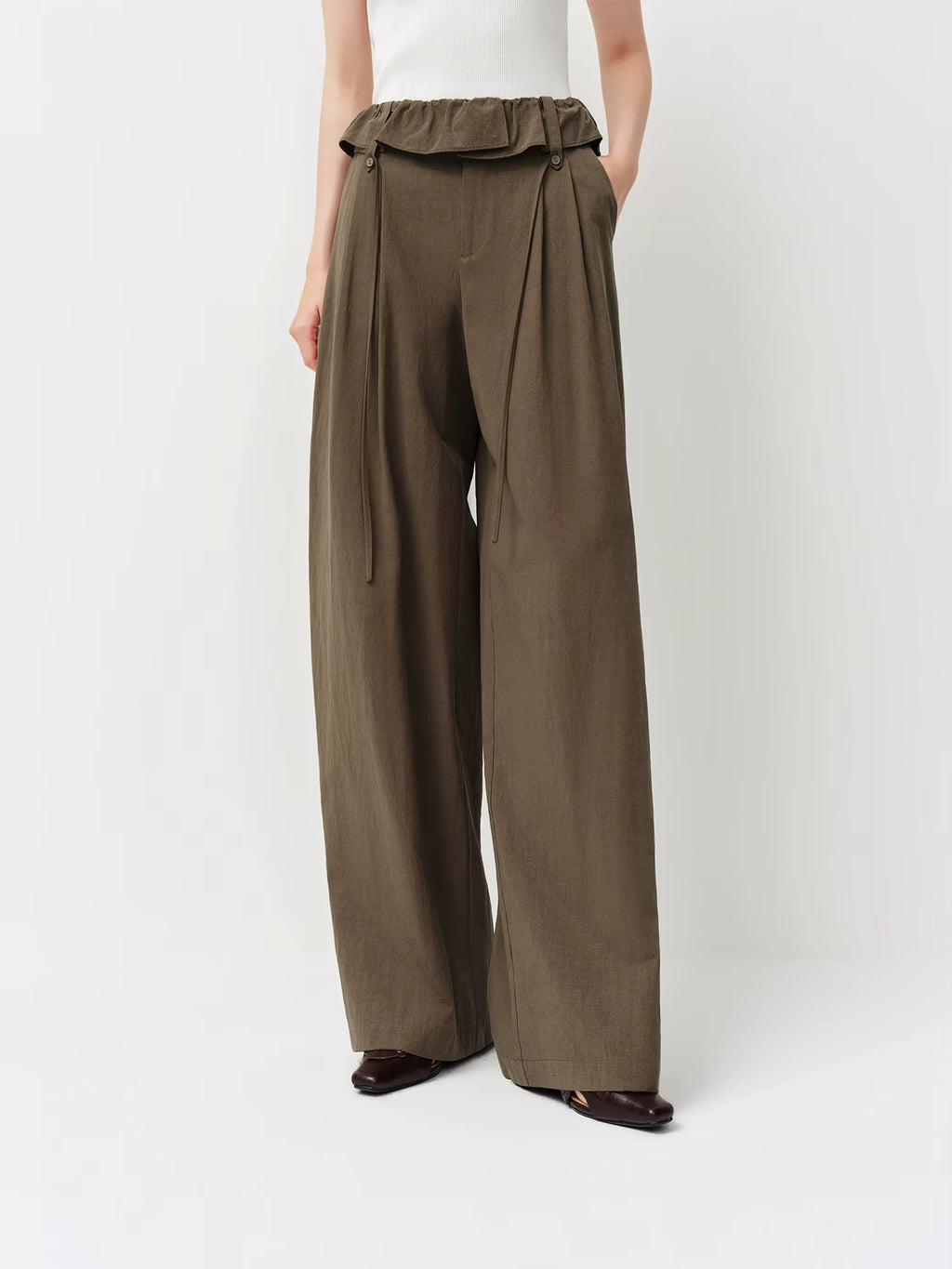 Lace Hem High-Waisted Wide-Leg Tros Commuting Casual Essentials Women Spring 2025 New Arrival Casual Pants Cotton Contain