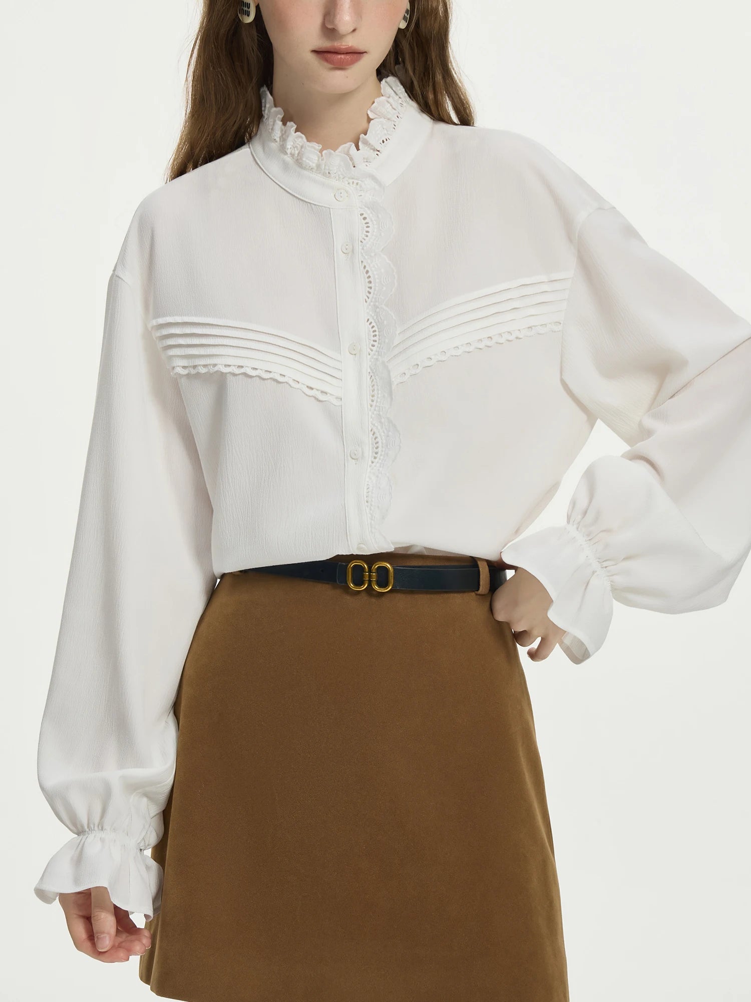 FSLE Women White Long Sleeve Shirts Ruffled Stand Collar Design Temperament Solid Loose Lantern Sleeve Blouse Tops 24FS14686