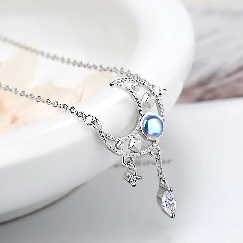 Female Moon Crystal Necklaces Pendant 925 Sterling Silver Aesthetic Fashion Chain Vintage Luxury Quality Jewelry for women