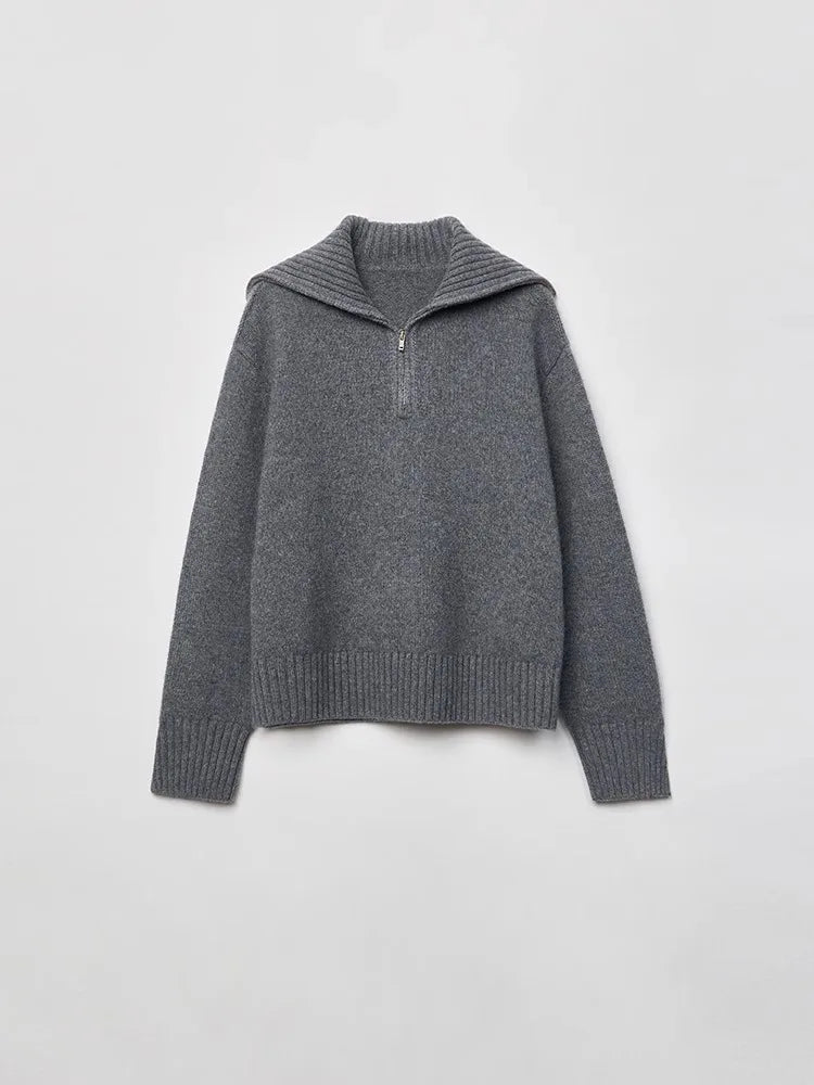 New autumn and winter vintage zipper lapel 100% pure cashmere sweater women's loose thick knit base
