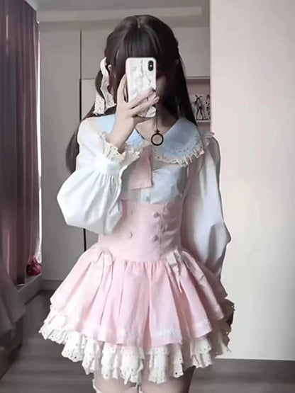 Kawaii Japanese Style 2 Piece Set Casual Blouse + Sweet Pink Y2k Mini Skirt Lace Lolita Fashion Suit Woman Design 2024 New